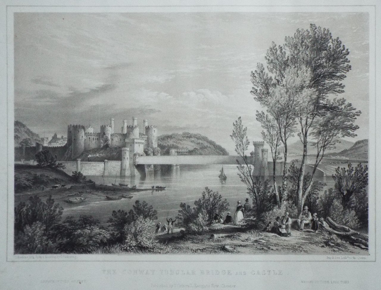 Lithograph - The Conway Tubular Bridge & Castle. - Hawkins